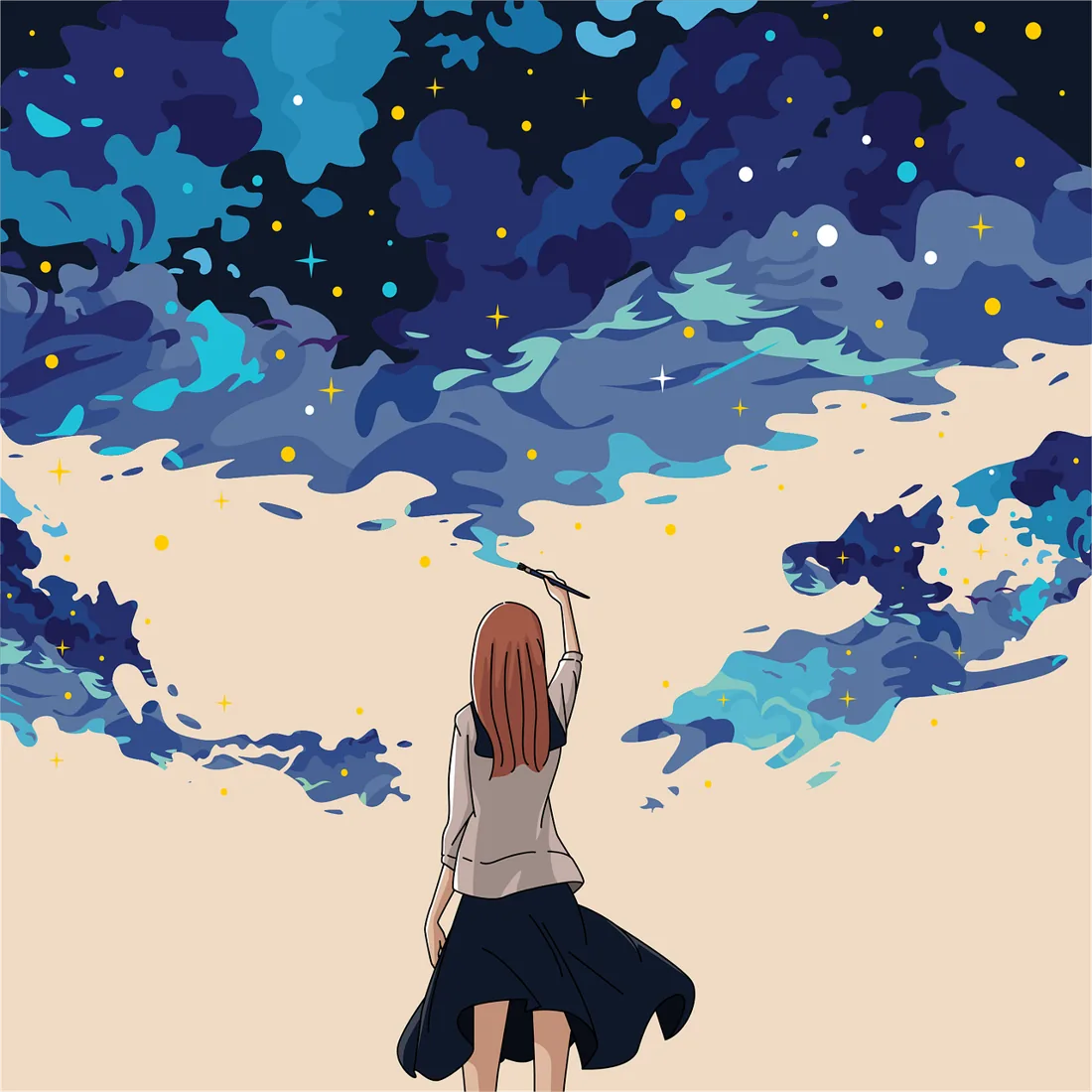 Illustration of a girl painting the night sky